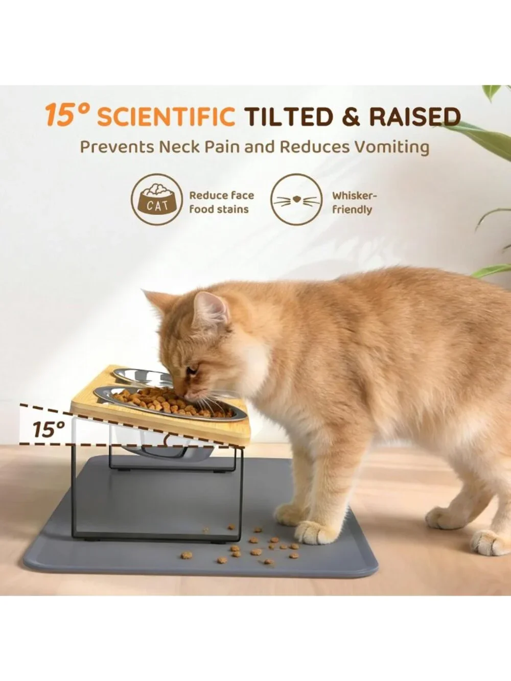 Elevated Stainless Steel Cat Bowls with Mat - Anti-Vomiting, Whisker Fatigue